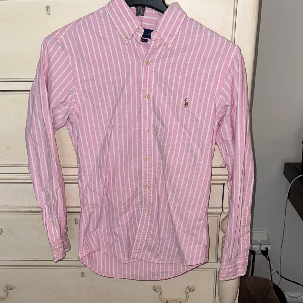 Men’s Polo by Ralph Lauren Slim Fit Pink and White Striped Shirt